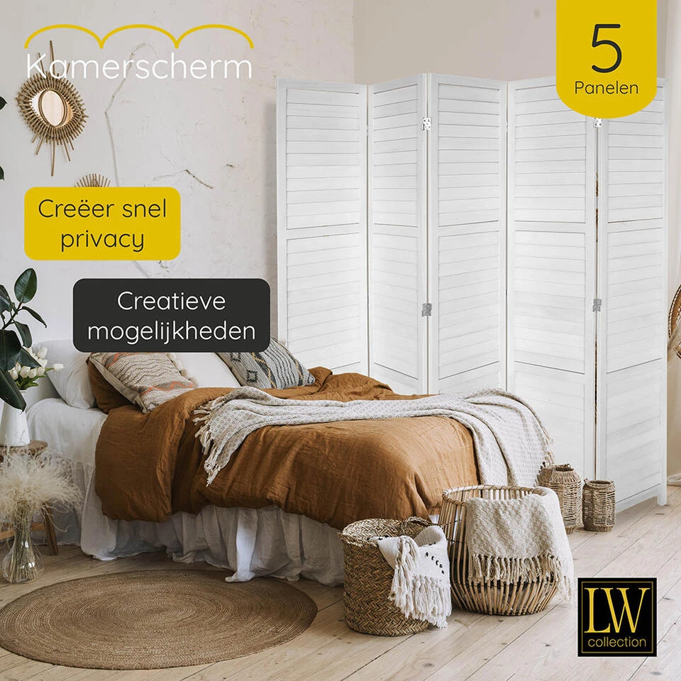 LW Collection Kamerscherm 5 Panelen Wit Hout 170x200cm - Paravent - Scheidingswa 6 LW Collection Kamerscherm 5 Panelen Wit Hout 170x200cm - Paravent - Scheidingswa - Afbeelding 4