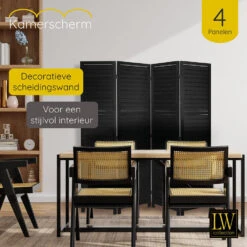 LW Collection Kamerscherm 4 Panelen Zwart Hout 170x160cm - Paravent - Scheidings -RoomStyle Verkoopwinkel 1000061470 0101