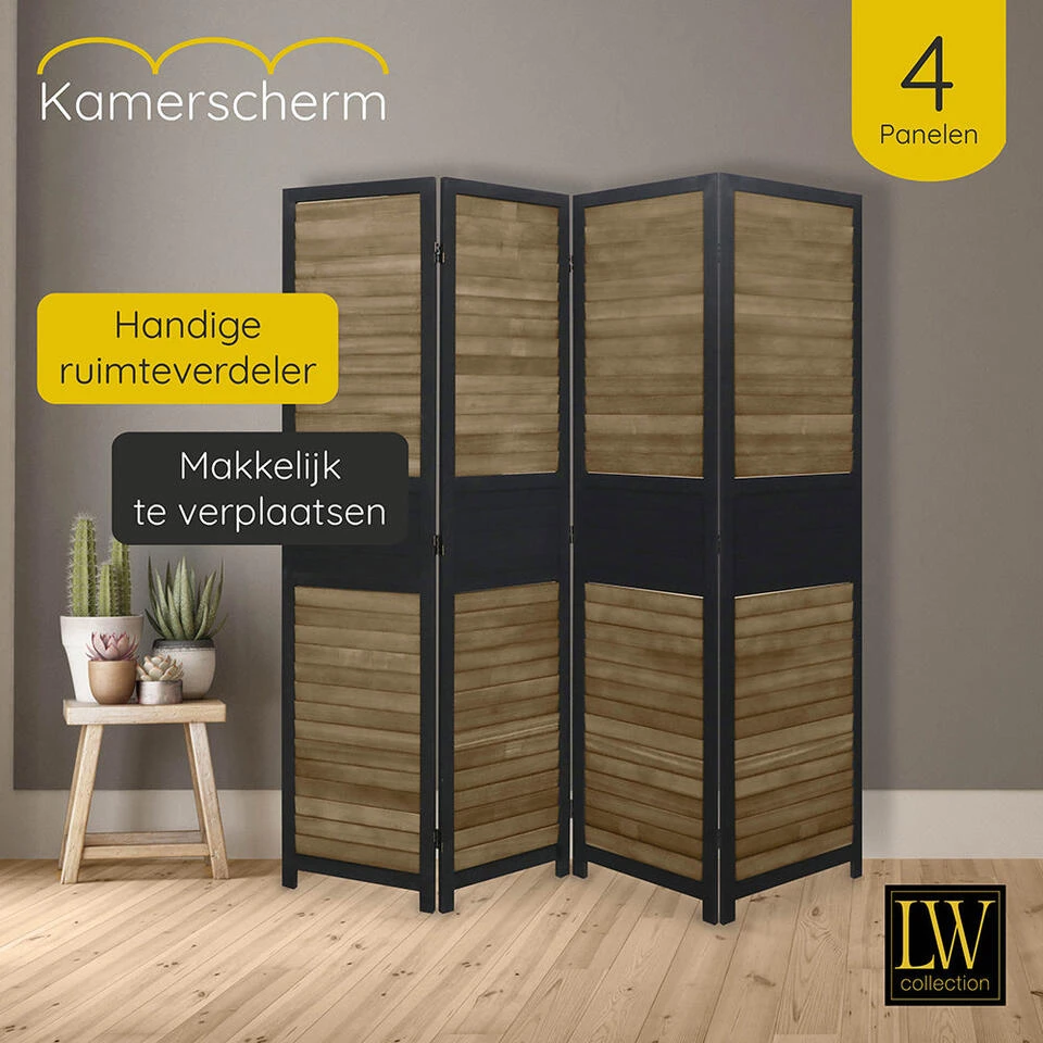 LW Collection Kamerscherm 4 Panelen Zwart Bruin Hout 170x160cm - Paravent - Sche 5 LW Collection Kamerscherm 4 Panelen Zwart Bruin Hout 170x160cm - Paravent - Sche - Afbeelding 3