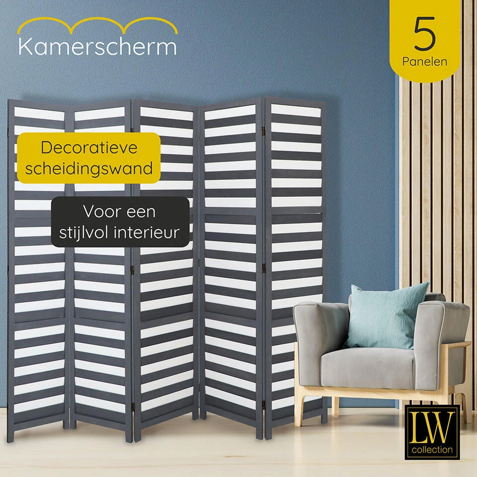 LW Collection Kamerscherm 5 Panelen Grijs Hout 170X200CM - Paravent - Scheidings 4 LW Collection Kamerscherm 5 Panelen Grijs Hout 170X200CM - Paravent - Scheidings - Afbeelding 2