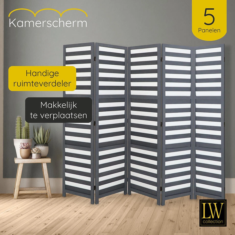 LW Collection Kamerscherm 5 Panelen Grijs Hout 170X200CM - Paravent - Scheidings 5 LW Collection Kamerscherm 5 Panelen Grijs Hout 170X200CM - Paravent - Scheidings - Afbeelding 3