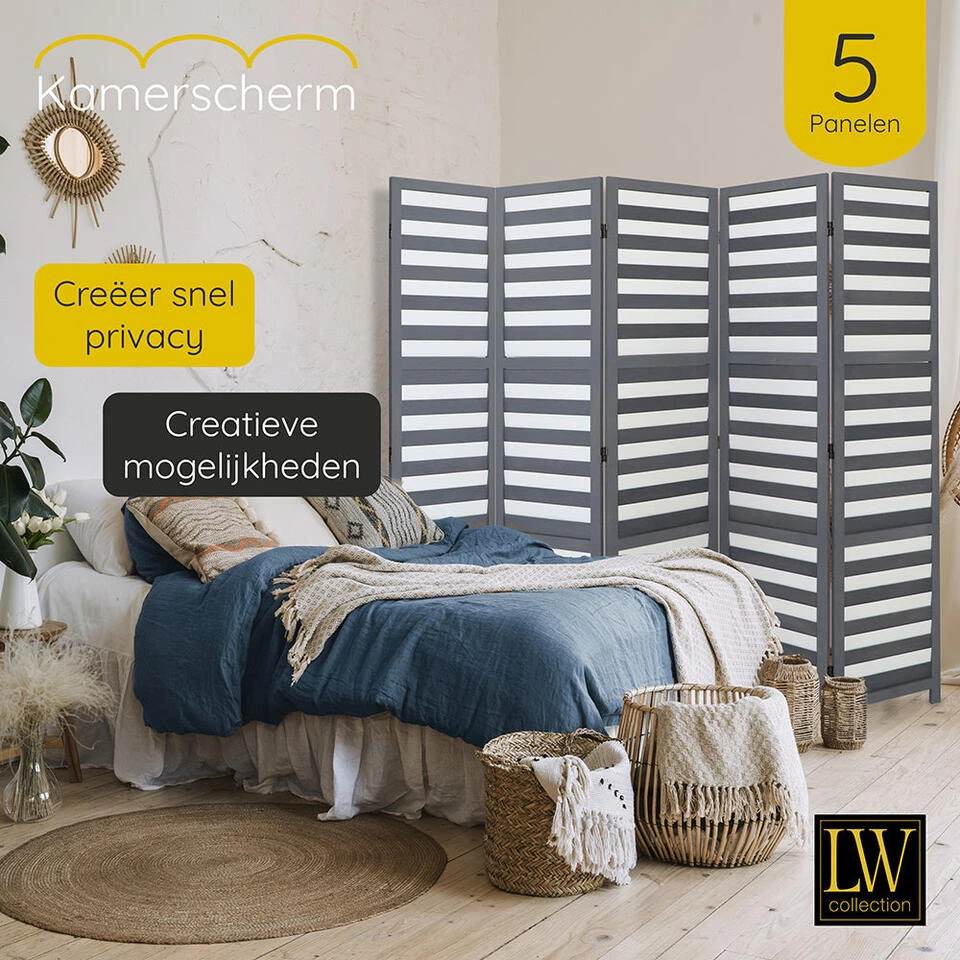 LW Collection Kamerscherm 5 Panelen Grijs Hout 170X200CM - Paravent - Scheidings 6 LW Collection Kamerscherm 5 Panelen Grijs Hout 170X200CM - Paravent - Scheidings - Afbeelding 4