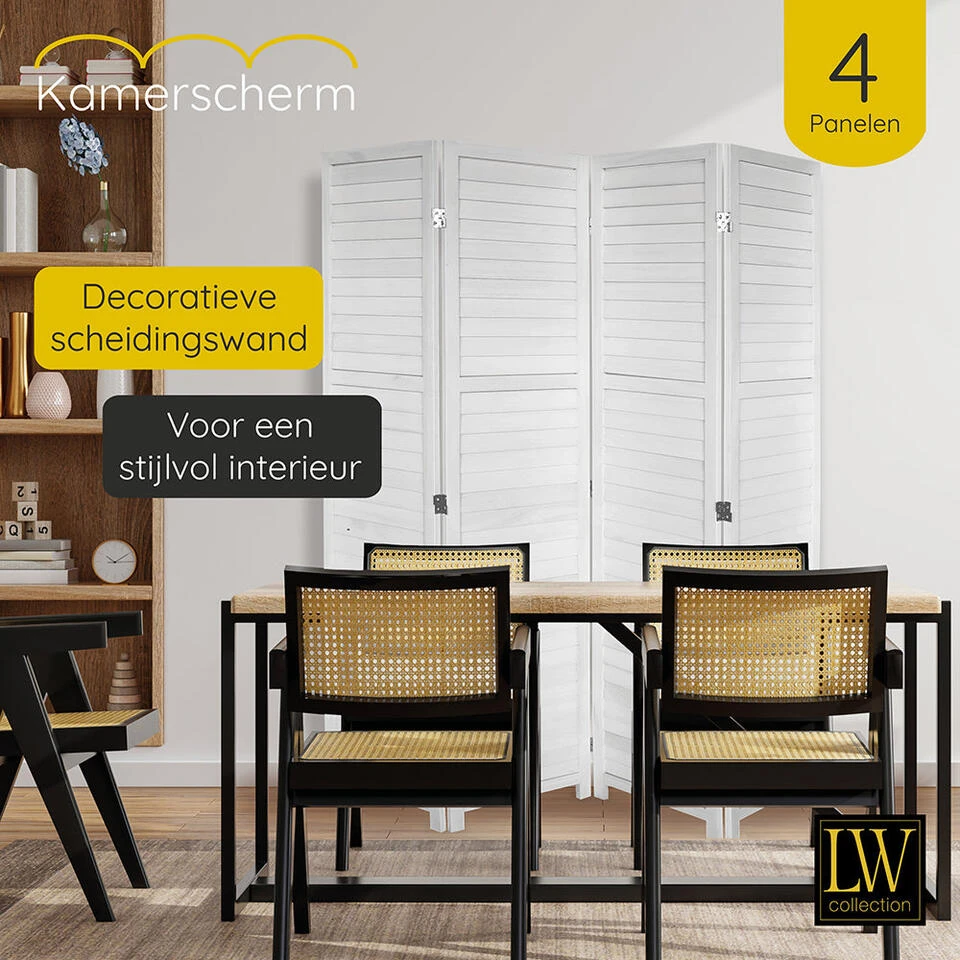 LW Collection Kamerscherm 4 Panelen Wit Hout 170x160cm - Paravent - Scheidingswa 4 LW Collection Kamerscherm 4 Panelen Wit Hout 170x160cm - Paravent - Scheidingswa - Afbeelding 2
