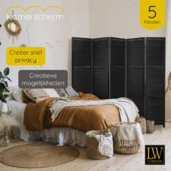 LW Collection Kamerscherm 5 Panelen Zwart Hout 170X200CM - Paravent - Scheidings -RoomStyle Verkoopwinkel 1000061488 0103