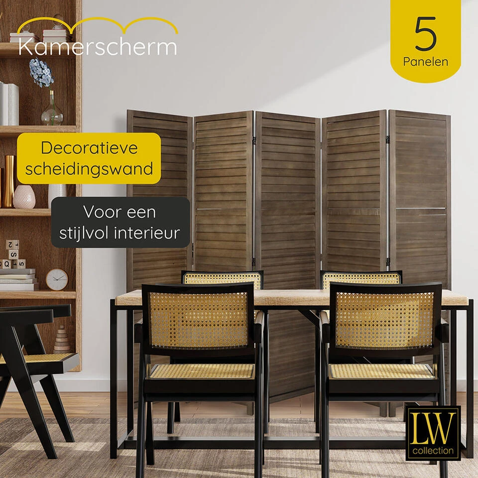 LW Collection Kamerscherm 5 Panelen Donkerbruin Hout 170X200CM - Paravent - Sche 4 LW Collection Kamerscherm 5 Panelen Donkerbruin Hout 170X200CM - Paravent - Sche - Afbeelding 2