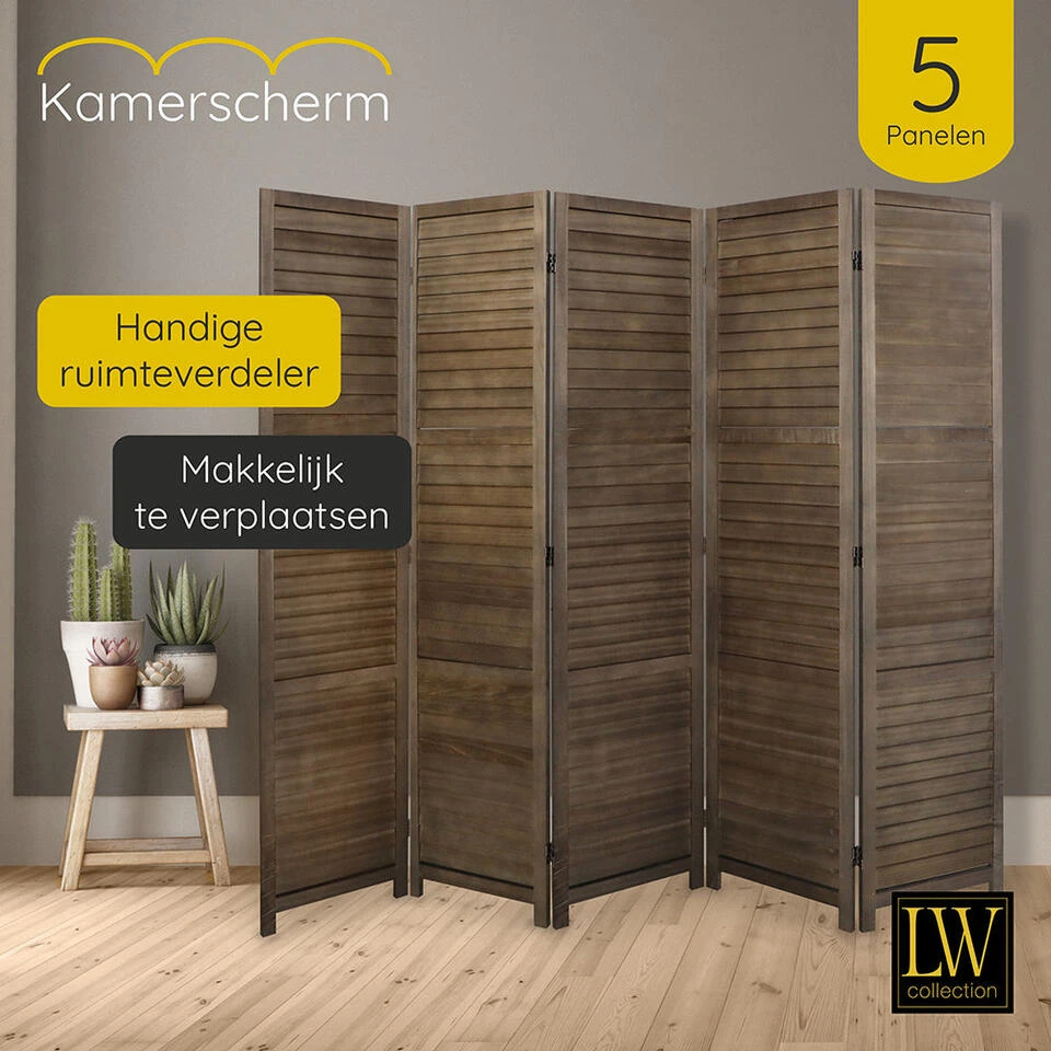 LW Collection Kamerscherm 5 Panelen Donkerbruin Hout 170X200CM - Paravent - Sche 5 LW Collection Kamerscherm 5 Panelen Donkerbruin Hout 170X200CM - Paravent - Sche - Afbeelding 3