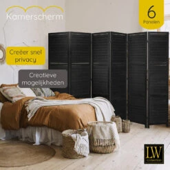 LW Collection Kamerscherm 6 Panelen Zwart Hout 170x240cm - Paravent - Scheidings -RoomStyle Verkoopwinkel 1000061495 0103