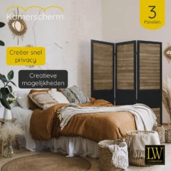 LW Collection Kamerscherm 3 Panelen Zwart Bruin Hout 170x120cm - Paravent - Sche -RoomStyle Verkoopwinkel 1000061499 0103