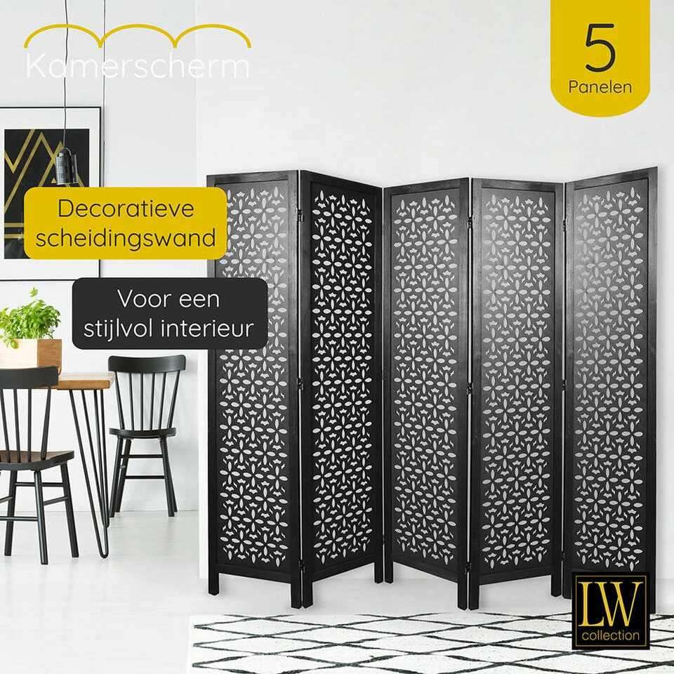 LW Collection Kamerscherm 5 Panelen Zwart 170X200CM - Paravent - Scheidingswand 4 LW Collection Kamerscherm 5 Panelen Zwart 170X200CM - Paravent - Scheidingswand - Afbeelding 2