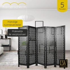 LW Collection Kamerscherm 5 Panelen Zwart 170X200CM - Paravent - Scheidingswand 8 LW Collection Kamerscherm 5 Panelen Zwart 170X200CM - Paravent - Scheidingswand -RoomStyle Verkoopwinkel 1000078133 0102