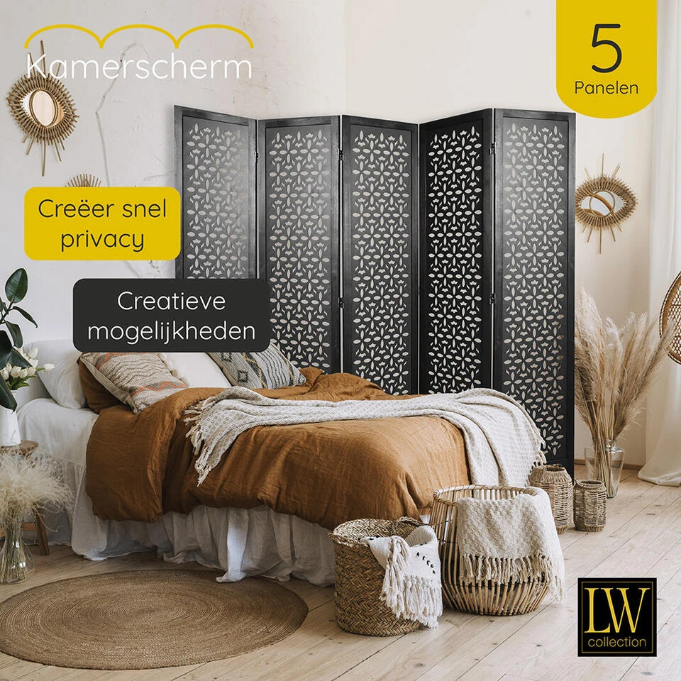 LW Collection Kamerscherm 5 Panelen Zwart 170X200CM - Paravent - Scheidingswand 6 LW Collection Kamerscherm 5 Panelen Zwart 170X200CM - Paravent - Scheidingswand - Afbeelding 4