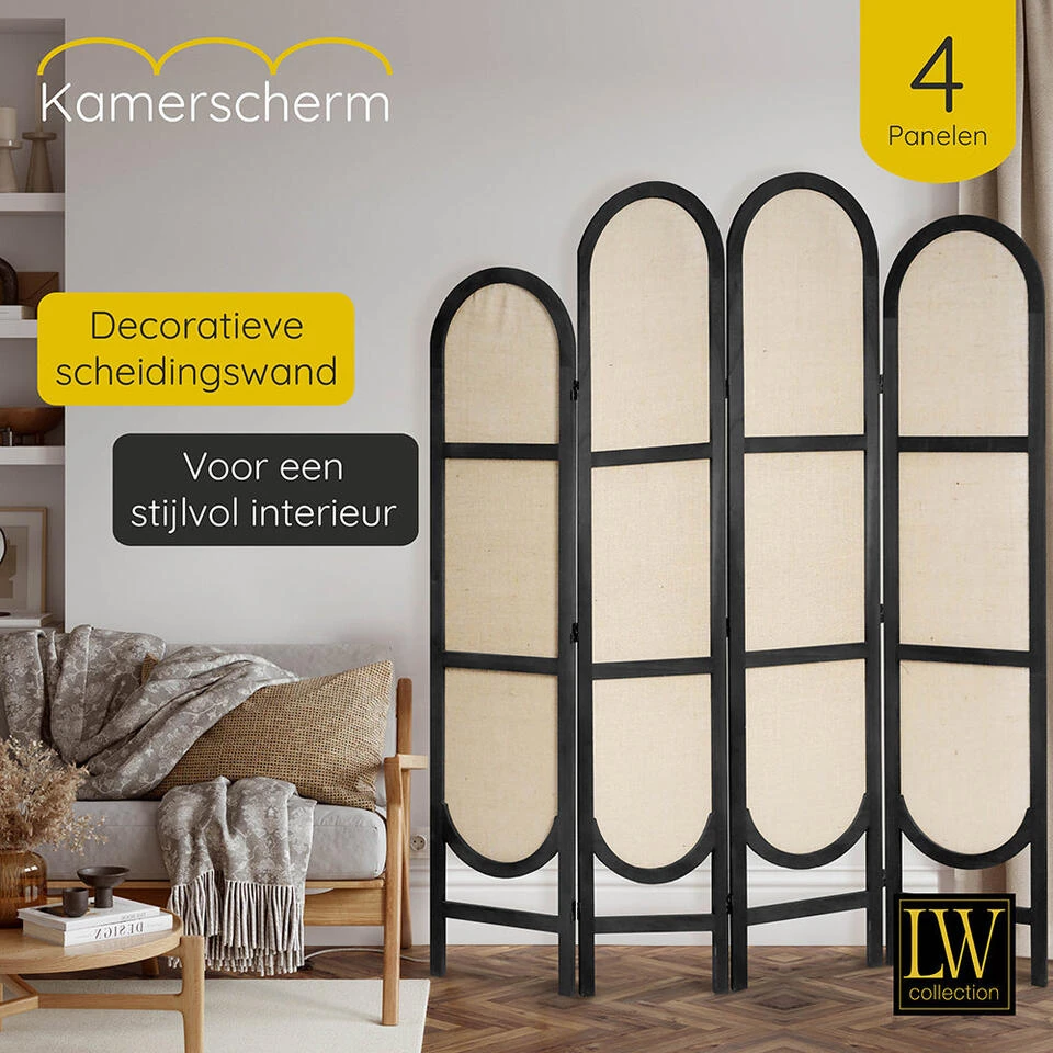 LW Collection Kamerscherm 4 Panelen Zwart 170X160CM - Paravent Rond - Scheidings 4 LW Collection Kamerscherm 4 Panelen Zwart 170X160CM - Paravent Rond - Scheidings - Afbeelding 2
