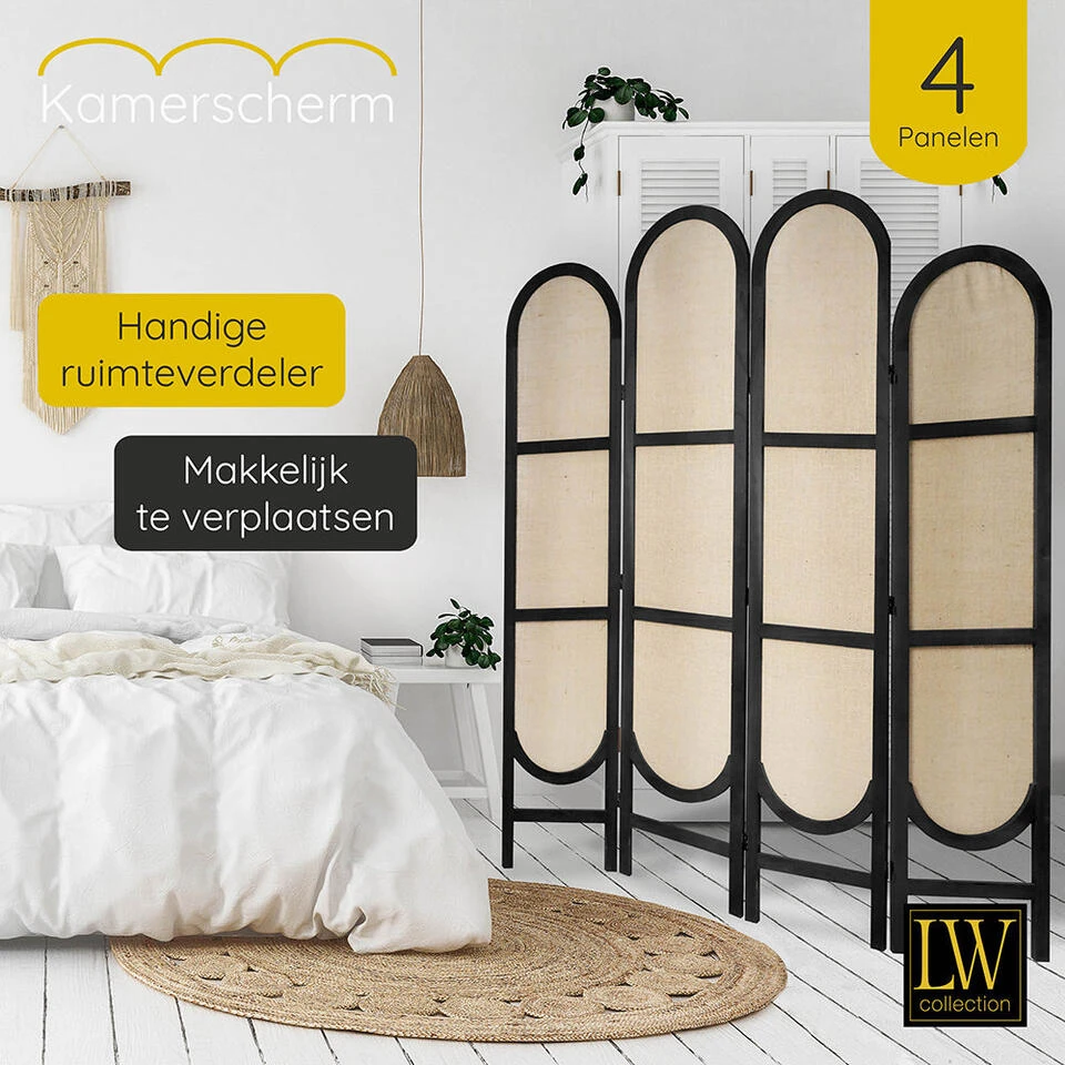 LW Collection Kamerscherm 4 Panelen Zwart 170X160CM - Paravent Rond - Scheidings 5 LW Collection Kamerscherm 4 Panelen Zwart 170X160CM - Paravent Rond - Scheidings - Afbeelding 3
