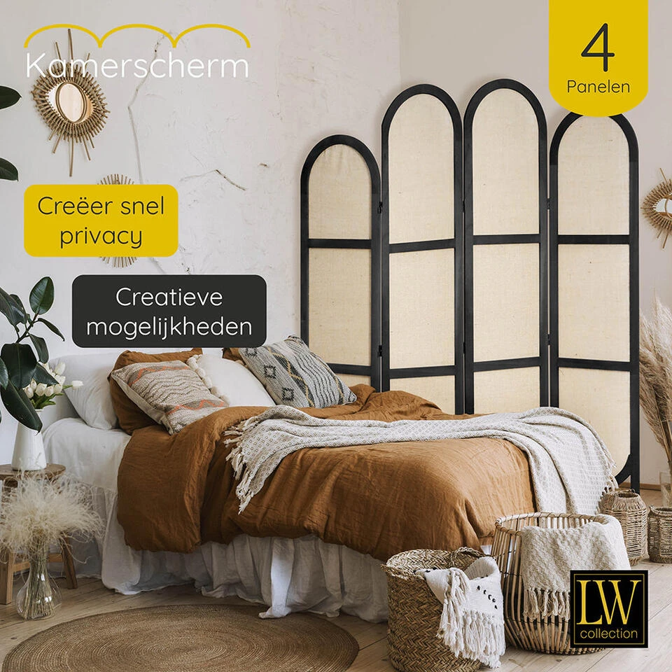 LW Collection Kamerscherm 4 Panelen Zwart 170X160CM - Paravent Rond - Scheidings 6 LW Collection Kamerscherm 4 Panelen Zwart 170X160CM - Paravent Rond - Scheidings - Afbeelding 4
