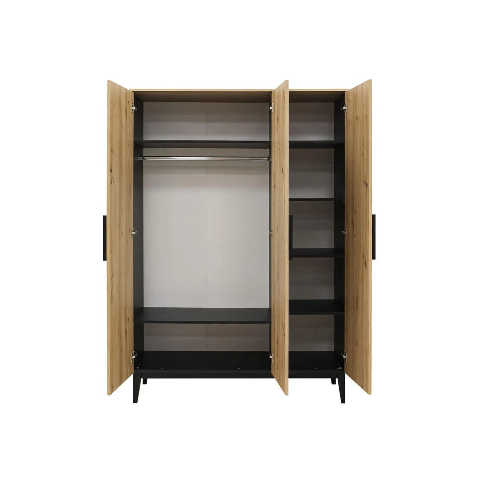 ToiToiKids Xem 3-deurskast - Mat Zwart/Eiken 4 ToiToiKids Xem 3-deurskast - Mat Zwart/Eiken - Afbeelding 2