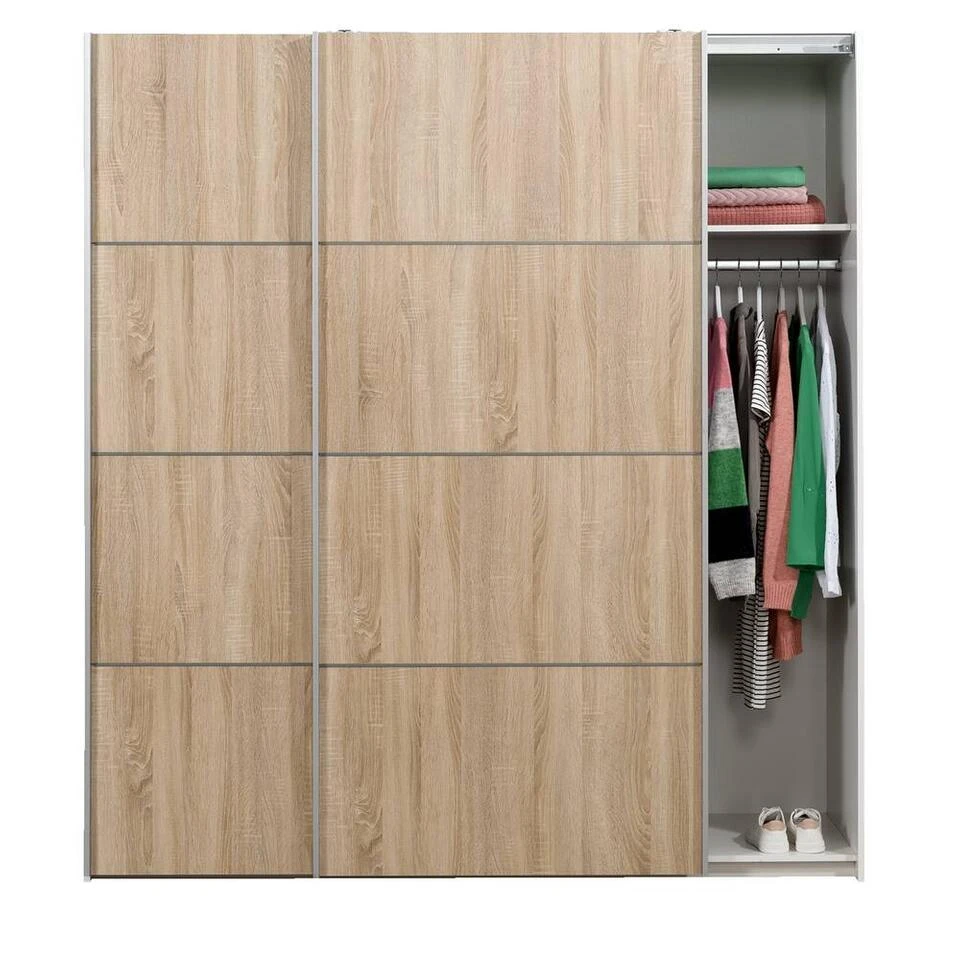 Schuifdeurkast Verona Wit - Eikenkleur - 200x182x64 Cm 4 Schuifdeurkast Verona Wit - Eikenkleur - 200x182x64 Cm - Afbeelding 2