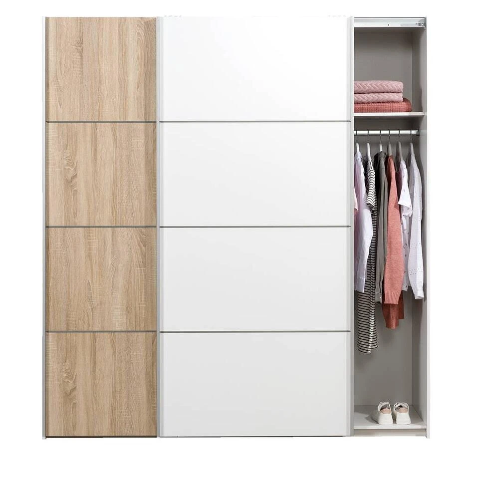 Schuifdeurkast Verona Wit - Eikenkleur/wit - 200x182x64 Cm 4 Schuifdeurkast Verona Wit - Eikenkleur/wit - 200x182x64 Cm - Afbeelding 2