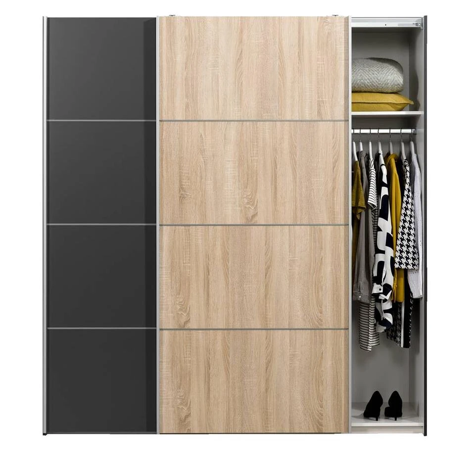 Schuifdeurkast Verona - Eikenkleur/antraciet - 200x182x64 Cm 4 Schuifdeurkast Verona - Eikenkleur/antraciet - 200x182x64 Cm - Afbeelding 2