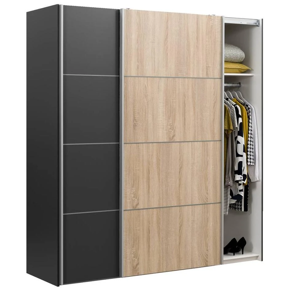 Schuifdeurkast Verona - Eikenkleur/antraciet - 200x182x64 Cm 6 Schuifdeurkast Verona - Eikenkleur/antraciet - 200x182x64 Cm - Afbeelding 4