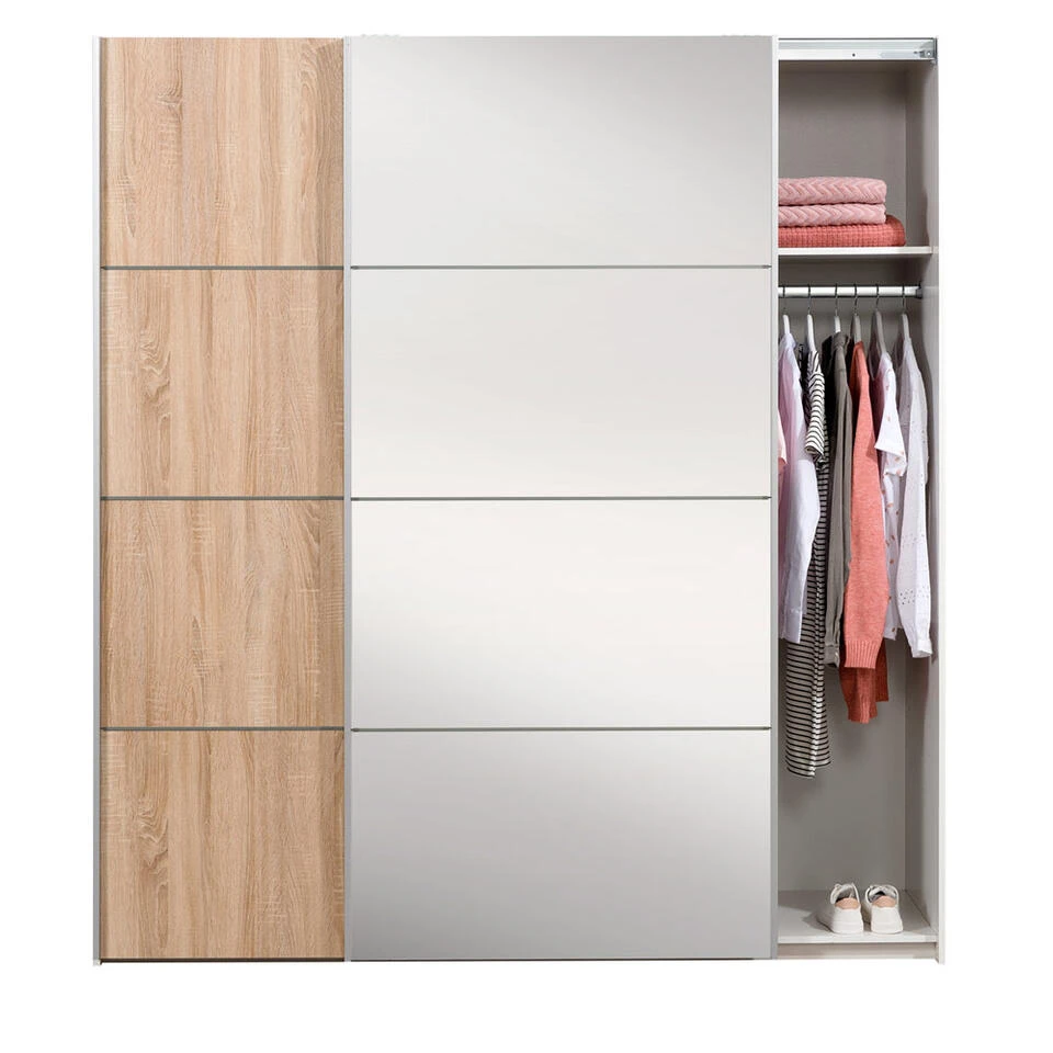 Schuifdeurkast Verona Wit - Eiken/spiegel - 200x182x64 Cm 4 Schuifdeurkast Verona Wit - Eiken/spiegel - 200x182x64 Cm - Afbeelding 2