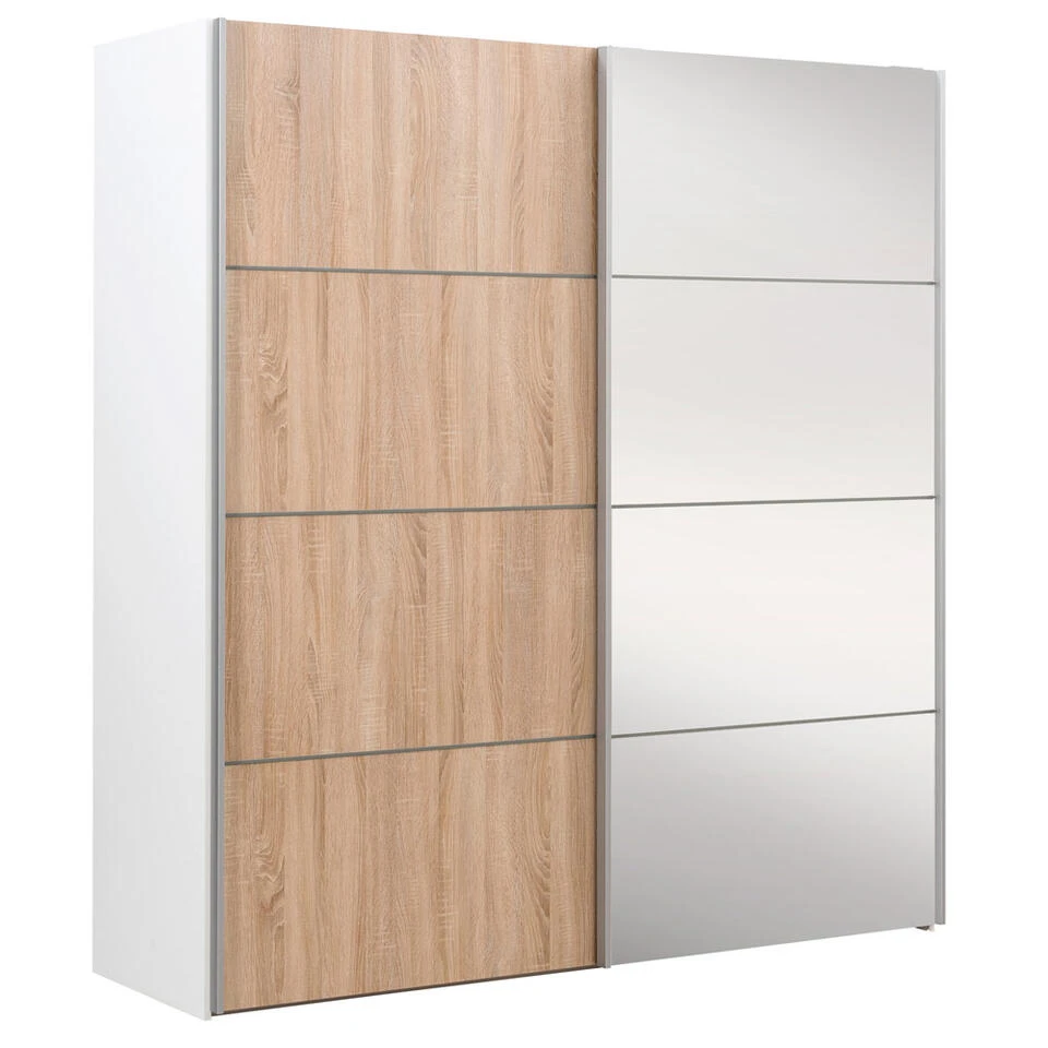 Schuifdeurkast Verona Wit - Eiken/spiegel - 200x182x64 Cm 5 Schuifdeurkast Verona Wit - Eiken/spiegel - 200x182x64 Cm - Afbeelding 3