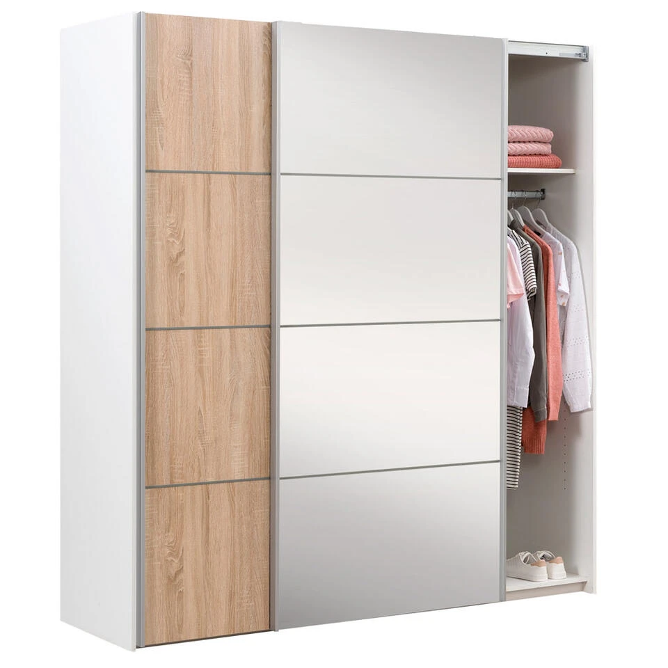Schuifdeurkast Verona Wit - Eiken/spiegel - 200x182x64 Cm 6 Schuifdeurkast Verona Wit - Eiken/spiegel - 200x182x64 Cm - Afbeelding 4