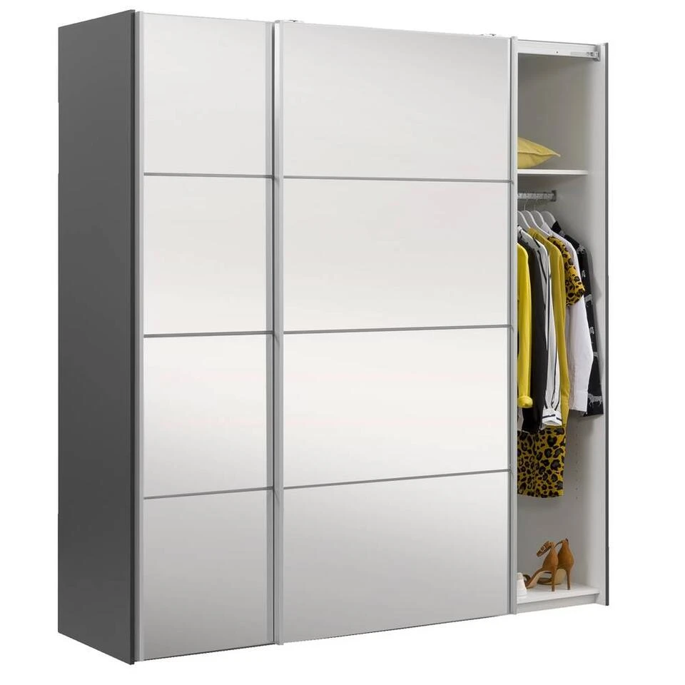 Schuifdeurkast Verona Antracietgrijs/spiegel - 200x182x64 Cm 6 Schuifdeurkast Verona Antracietgrijs/spiegel - 200x182x64 Cm - Afbeelding 4