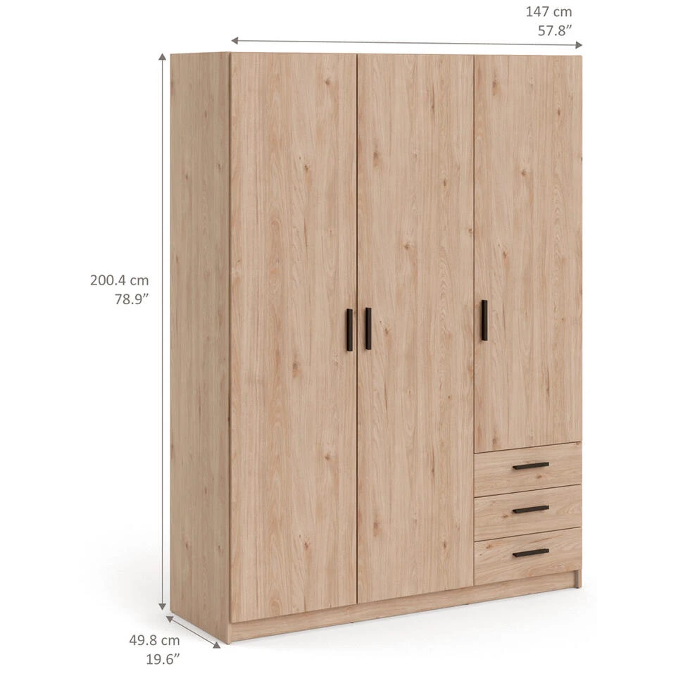 Kledingkast Sprint 3-deurs - Eikenkleur - 200x147x50 Cm 5 Kledingkast Sprint 3-deurs - Eikenkleur - 200x147x50 Cm - Afbeelding 3