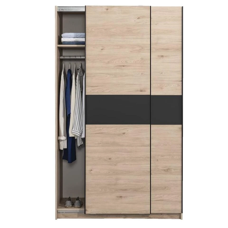 Schuifdeurkast Genua - Eikenkleur/antraciet - 204x122x60 Cm 4 Schuifdeurkast Genua - Eikenkleur/antraciet - 204x122x60 Cm - Afbeelding 2