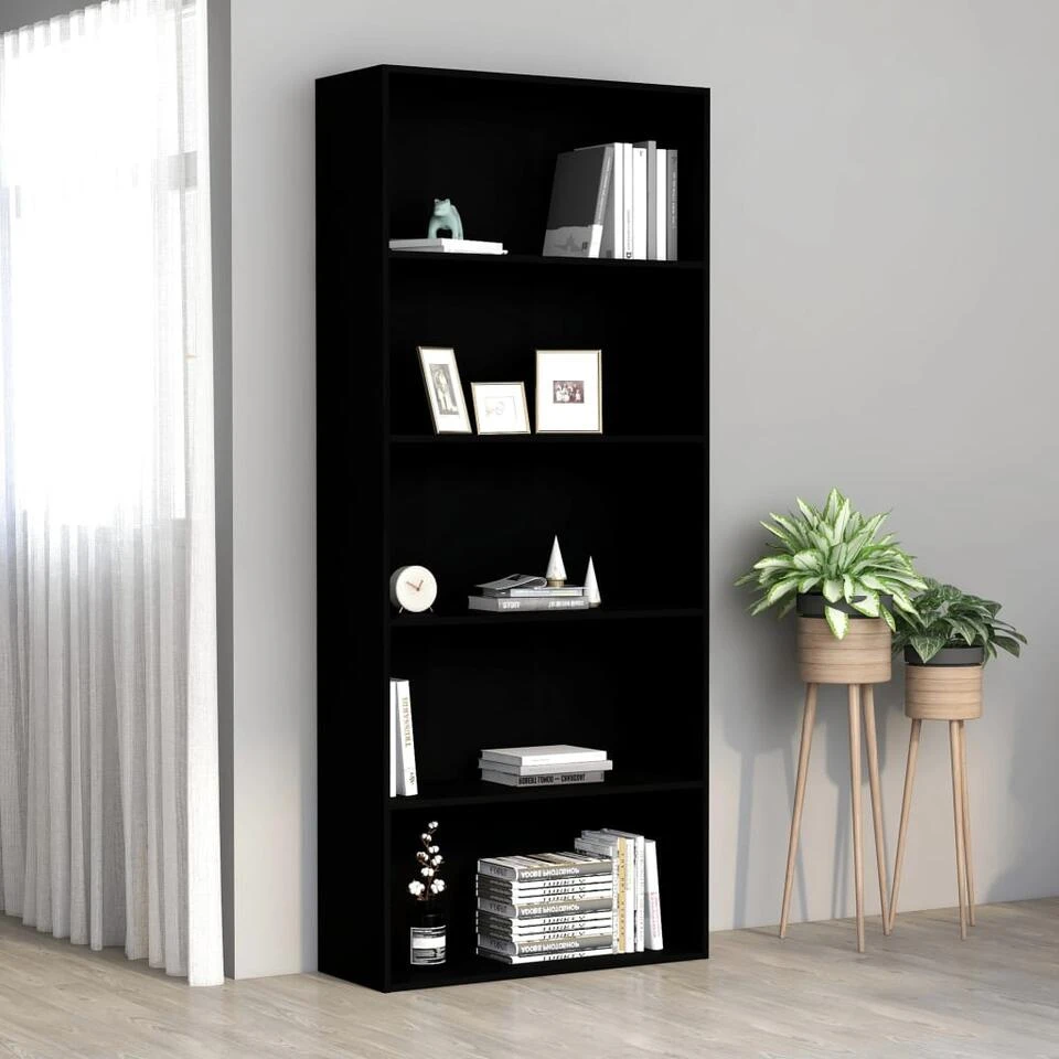 VidaXL Boekenkast Met 5 Schappen 80x30x189 Cm Spaanplaat Zwart 4 VidaXL Boekenkast Met 5 Schappen 80x30x189 Cm Spaanplaat Zwart - Afbeelding 2